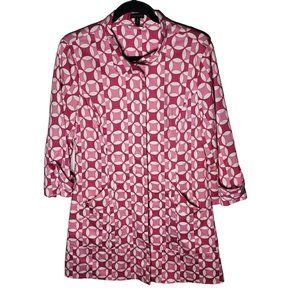 Madison Womens Pink Geometric Print Button Down Trench Coat‎ Jacket Size Small
